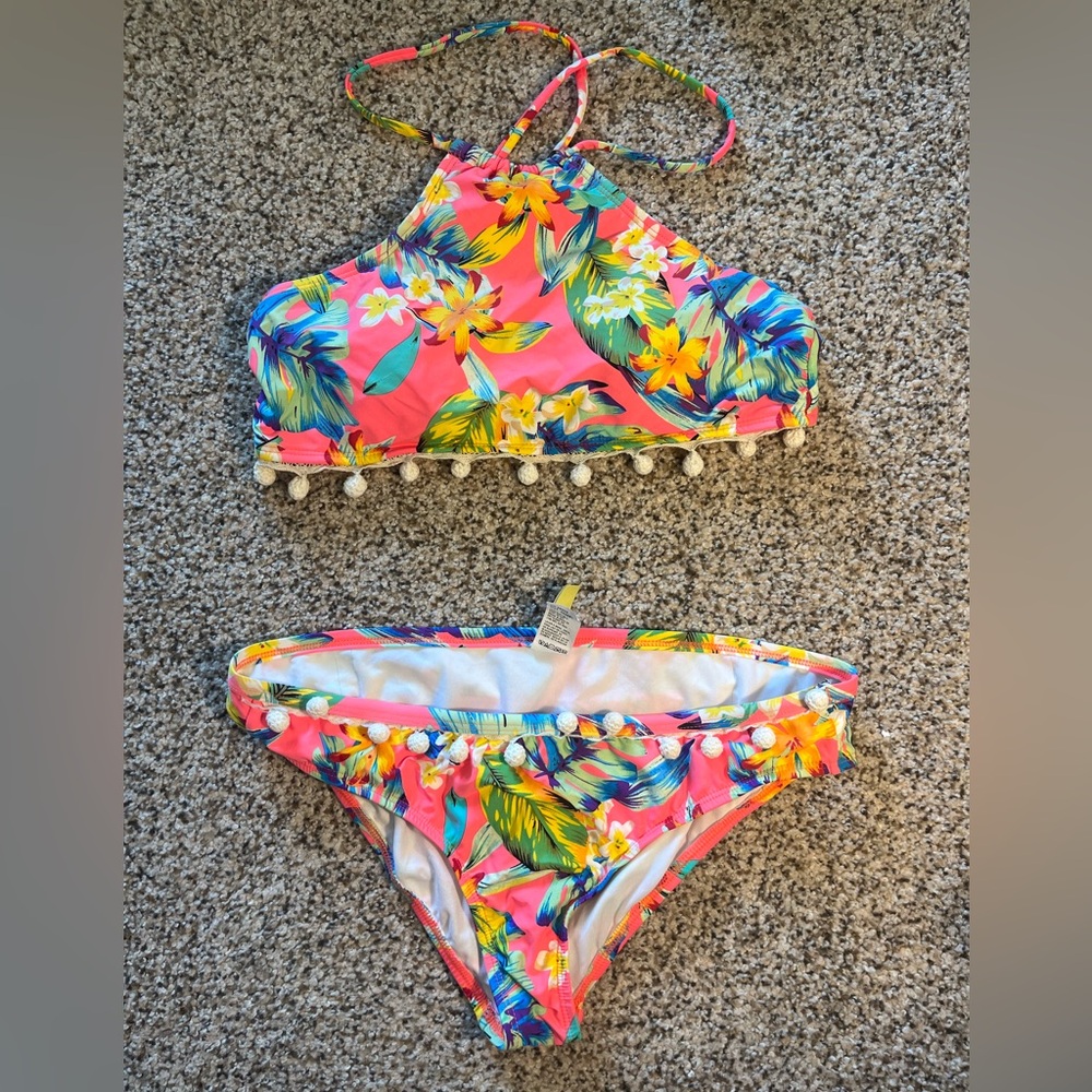 Gianni Bini Tropical Floral Bikini Set with Pom Pom Trim